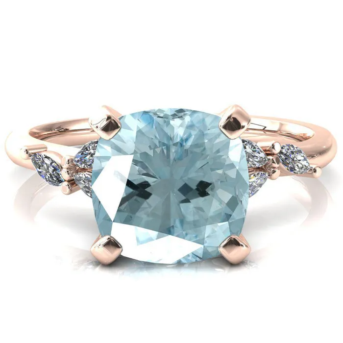 Rings Fire Brilliance Sigrid Cushion Aqua Blue Spinel 4 Prong Marquise Diamond Side Ring