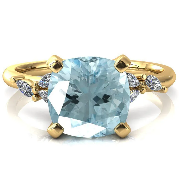 Rings Fire Brilliance Sigrid Cushion Aqua Blue Spinel 4 Prong Marquise Diamond Side Ring