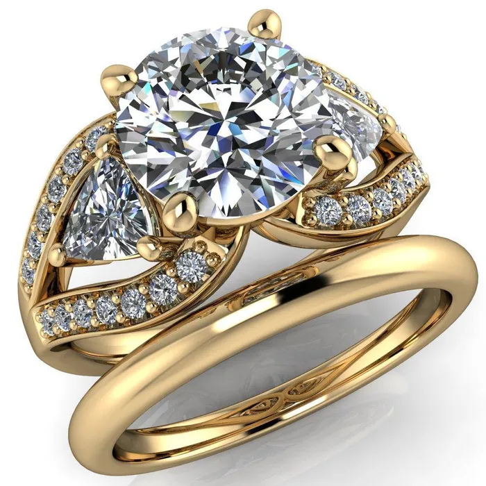 Rings Kassandra Round Center Stone 4 Prong Trillion Moissanite Side Split Shank Accent Engagement Ring Fire Brilliance 