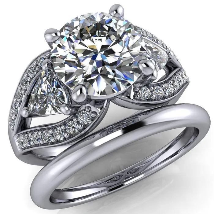 Rings Kassandra Round Center Stone 4 Prong Trillion Moissanite Side Split Shank Accent Engagement Ring Fire Brilliance 