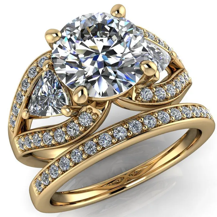 Rings Kassandra Round Center Stone 4 Prong Trillion Moissanite Side Split Shank Accent Engagement Ring Fire Brilliance 