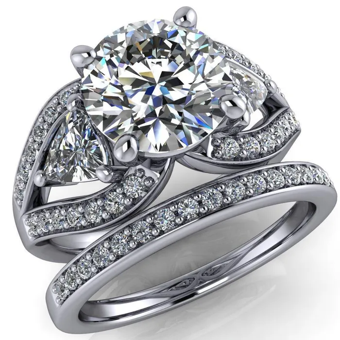 Rings Kassandra Round Center Stone 4 Prong Trillion Moissanite Side Split Shank Accent Engagement Ring Fire Brilliance 
