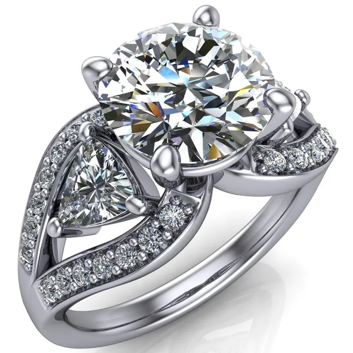 Rings Kassandra Round Center Stone 4 Prong Trillion Moissanite Side Split Shank Accent Engagement Ring Fire Brilliance 