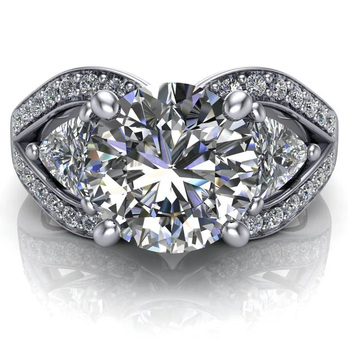 Rings Kassandra Round Center Stone 4 Prong Trillion Moissanite Side Split Shank Accent Engagement Ring Fire Brilliance 