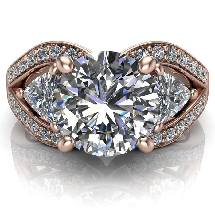 Rings Kassandra Round Center Stone 4 Prong Trillion Moissanite Side Split Shank Accent Engagement Ring Fire Brilliance 