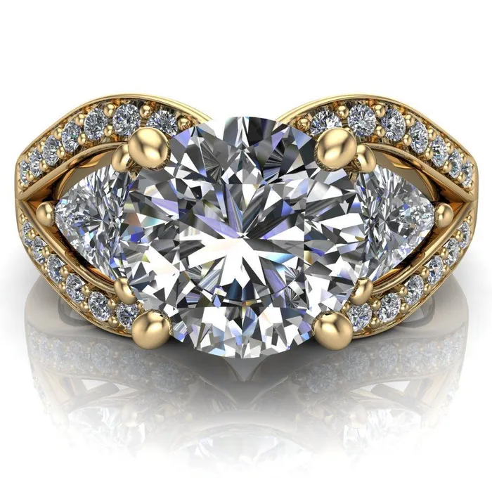 Rings Kassandra Round Center Stone 4 Prong Trillion Moissanite Side Split Shank Accent Engagement Ring Fire Brilliance 