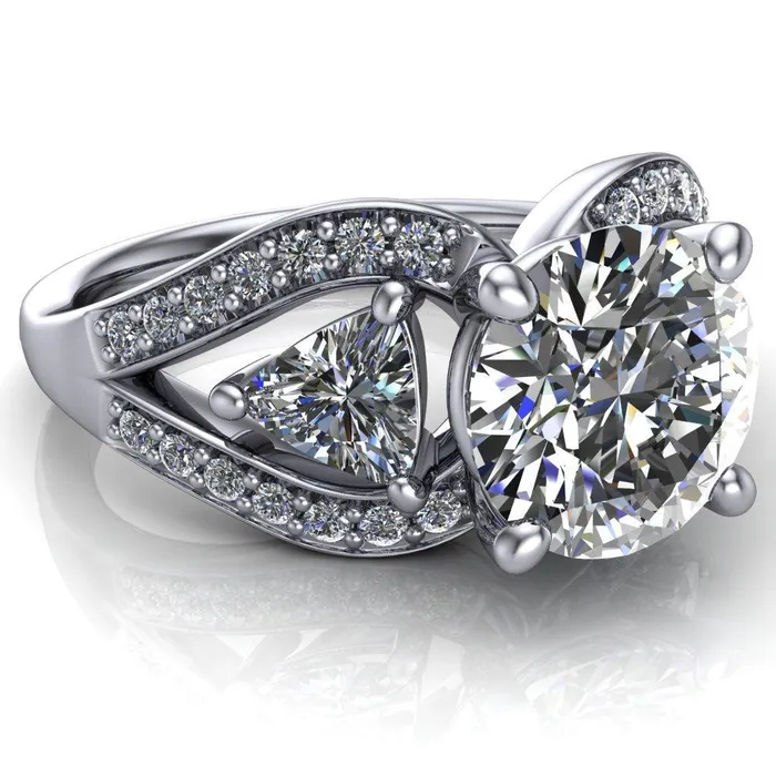 Rings Kassandra Round Center Stone 4 Prong Trillion Moissanite Side Split Shank Accent Engagement Ring Fire Brilliance 