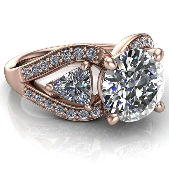 Rings Kassandra Round Center Stone 4 Prong Trillion Moissanite Side Split Shank Accent Engagement Ring Fire Brilliance 