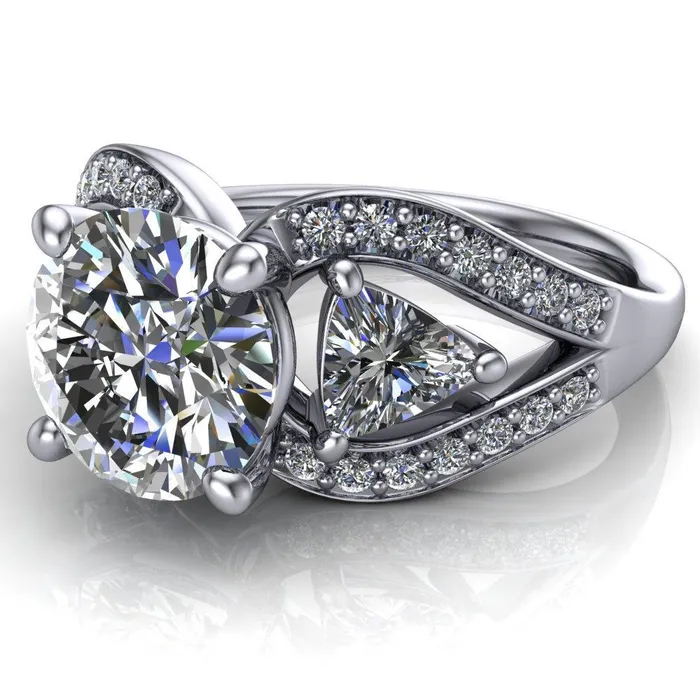 Rings Kassandra Round Center Stone 4 Prong Trillion Moissanite Side Split Shank Accent Engagement Ring Fire Brilliance 