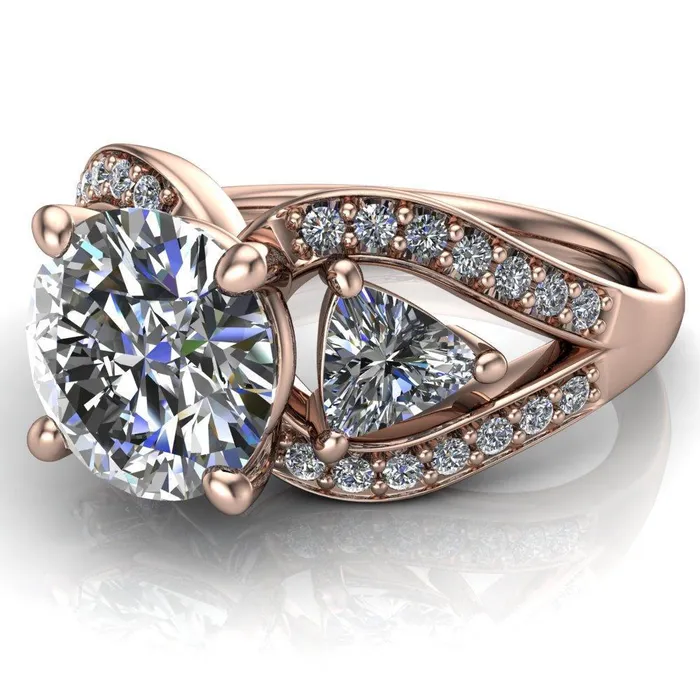 Rings Kassandra Round Center Stone 4 Prong Trillion Moissanite Side Split Shank Accent Engagement Ring Fire Brilliance 