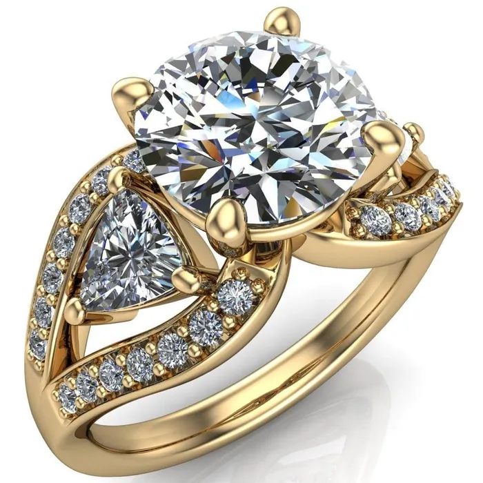 Rings Kassandra Round Center Stone 4 Prong Trillion Moissanite Side Split Shank Accent Engagement Ring Fire Brilliance 