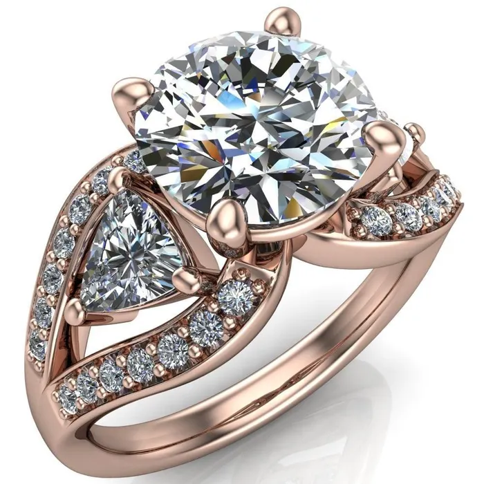 Rings Kassandra Round Center Stone 4 Prong Trillion Moissanite Side Split Shank Accent Engagement Ring Fire Brilliance 