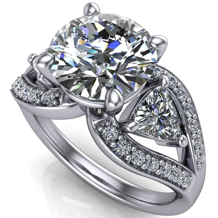Rings Kassandra Round Center Stone 4 Prong Trillion Moissanite Side Split Shank Accent Engagement Ring Fire Brilliance 