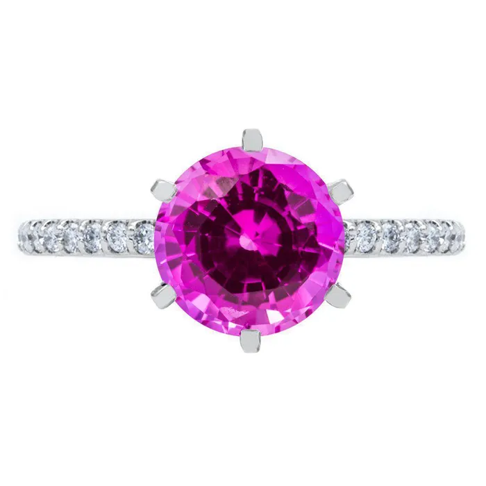 Round Pink Sapphire 6 Prongs Diamond Accent Ice Cathedral Solitaire Ring Fire Brilliance Rings