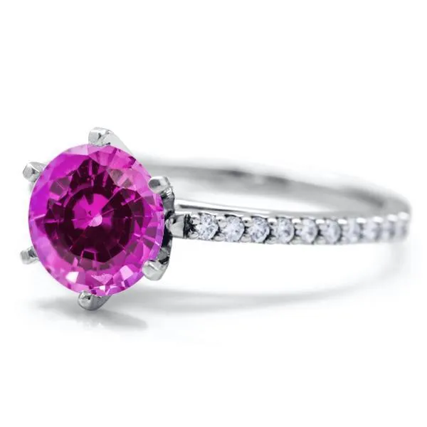 Round Pink Sapphire 6 Prongs Diamond Accent Ice Cathedral Solitaire Ring Fire Brilliance Rings