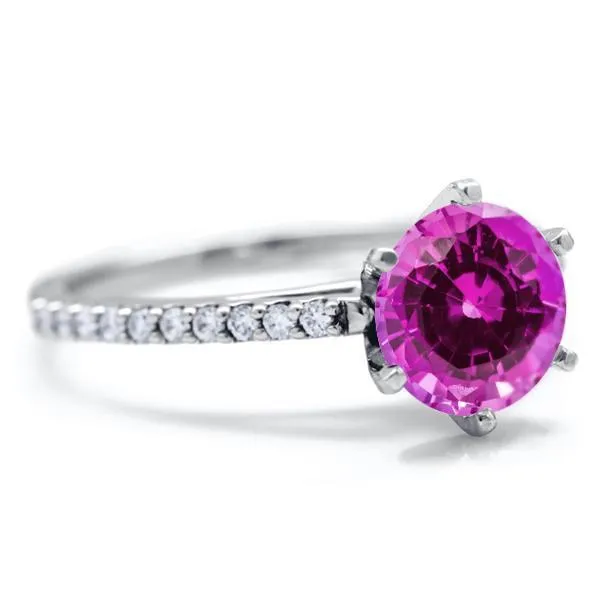 Round Pink Sapphire 6 Prongs Diamond Accent Ice Cathedral Solitaire Ring Fire Brilliance Rings