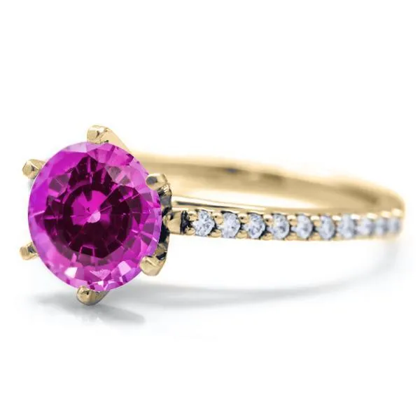 Round Pink Sapphire 6 Prongs Diamond Accent Ice Cathedral Solitaire Ring Fire Brilliance Rings