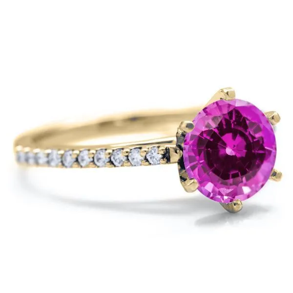 Round Pink Sapphire 6 Prongs Diamond Accent Ice Cathedral Solitaire Ring Fire Brilliance Rings