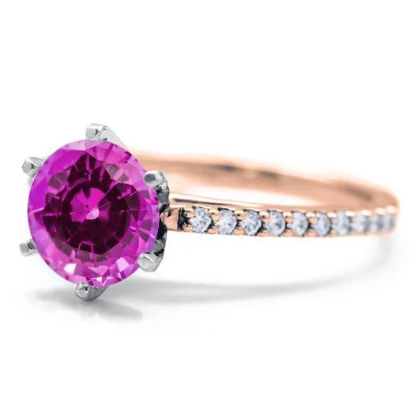 Round Pink Sapphire 6 Prongs Diamond Accent Ice Cathedral Solitaire Ring Fire Brilliance Rings
