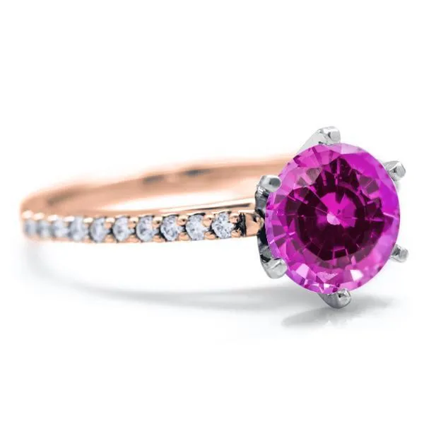 Round Pink Sapphire 6 Prongs Diamond Accent Ice Cathedral Solitaire Ring Fire Brilliance Rings
