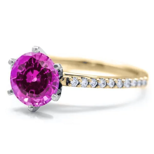 Round Pink Sapphire 6 Prongs Diamond Accent Ice Cathedral Solitaire Ring Fire Brilliance Rings
