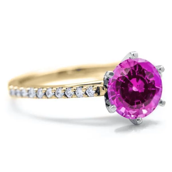 Round Pink Sapphire 6 Prongs Diamond Accent Ice Cathedral Solitaire Ring Fire Brilliance Rings