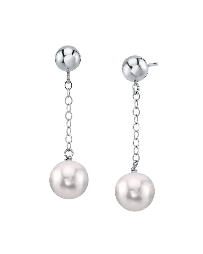 spt Earrings 14K Gold Akoya Round Ball Double Chain Earrings