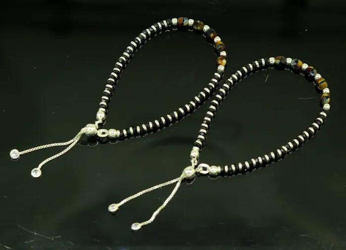 Stylish 925 sterling silver beaded with black onyx stone handmade charm adjustable bracelet Nazariya charm jewelry for girls sbr182 TRIBAL ORNAMENTS Bracelets Stylish 925 sterling silver beaded with black onyx stone handmade charm adjustable bracelet Nazariya charm jewelry for girls sbr182 TRIBAL ORNAMENTS Bracelets