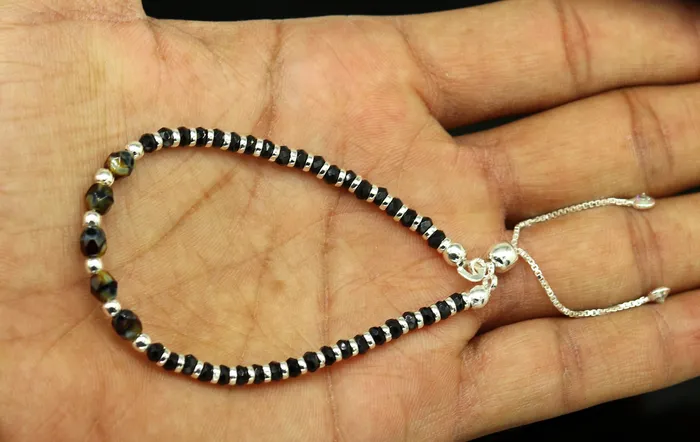 Stylish 925 sterling silver beaded with black onyx stone handmade charm adjustable bracelet Nazariya charm jewelry for girls sbr182 TRIBAL ORNAMENTS Bracelets Stylish 925 sterling silver beaded with black onyx stone handmade charm adjustable bracelet Nazariya charm jewelry for girls sbr182 TRIBAL ORNAMENTS Bracelets