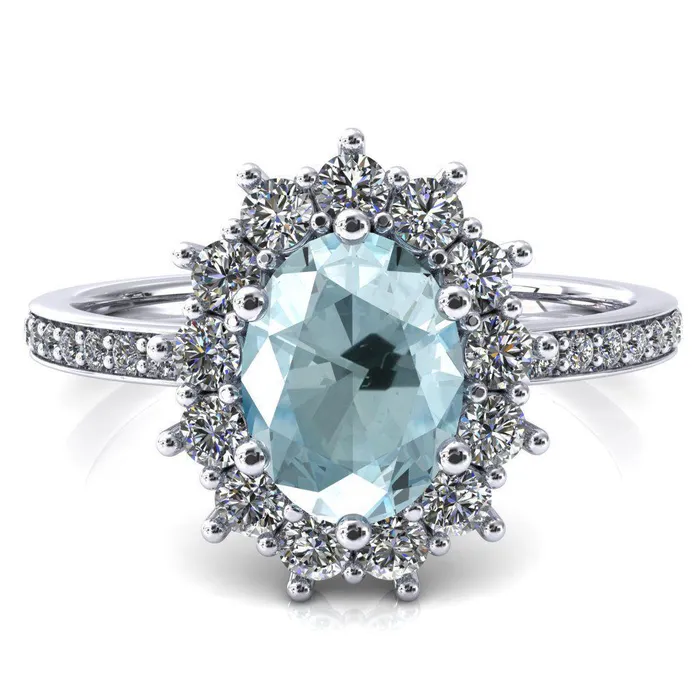 The Duchess Oval Aqua Blue Spinel 6 Prong Diamond Cluster Halo Ring Fire Brilliance Rings The Duchess Oval Aqua Blue Spinel 6 Prong Diamond Cluster Halo Ring Fire Brilliance Rings