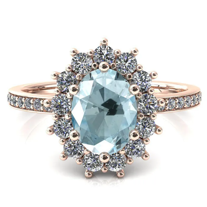 The Duchess Oval Aqua Blue Spinel 6 Prong Diamond Cluster Halo Ring Fire Brilliance Rings