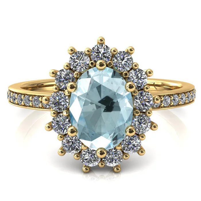 The Duchess Oval Aqua Blue Spinel 6 Prong Diamond Cluster Halo Ring Fire Brilliance Rings