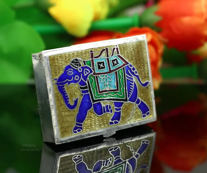 TRIBAL ORNAMENTS 925 Sterling silver handmade trinket box solid container box casket box sindoor box enamel elephant work customized gifting box stb335 Rings TRIBAL ORNAMENTS 925 Sterling silver handmade trinket box solid container box casket box sindoor box enamel elephant work customized gifting box stb335 Rings