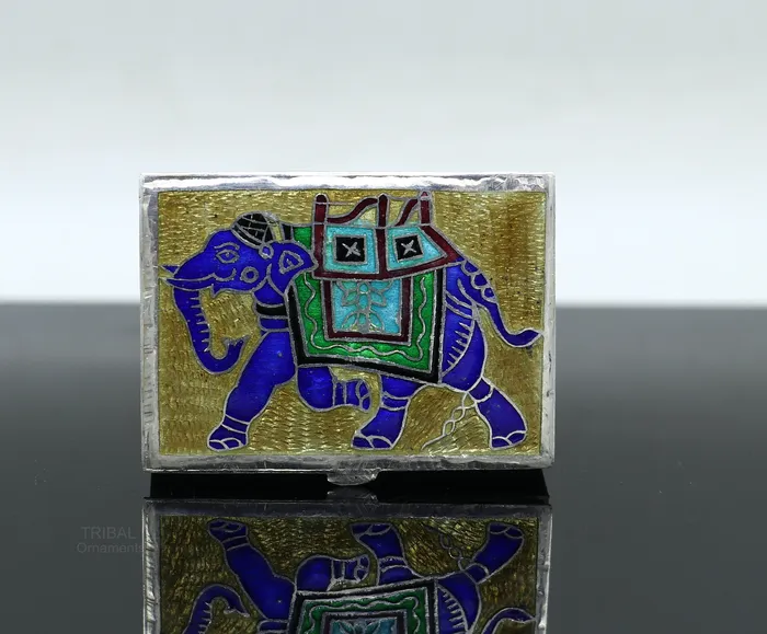 TRIBAL ORNAMENTS 925 Sterling silver handmade trinket box solid container box casket box sindoor box enamel elephant work customized gifting box stb335 Rings