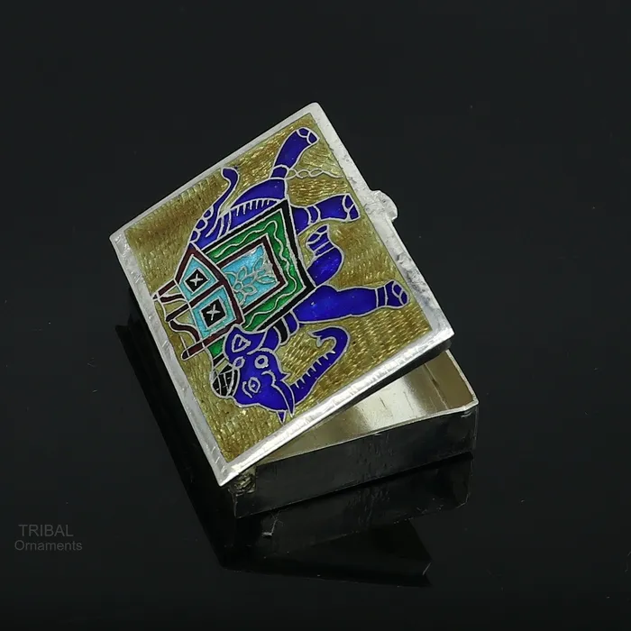 TRIBAL ORNAMENTS 925 Sterling silver handmade trinket box solid container box casket box sindoor box enamel elephant work customized gifting box stb335 Rings