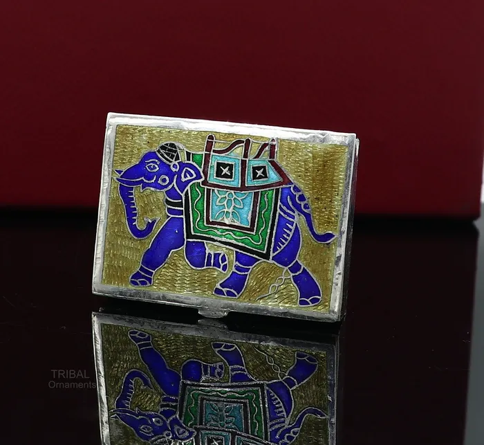 TRIBAL ORNAMENTS 925 Sterling silver handmade trinket box solid container box casket box sindoor box enamel elephant work customized gifting box stb335 Rings