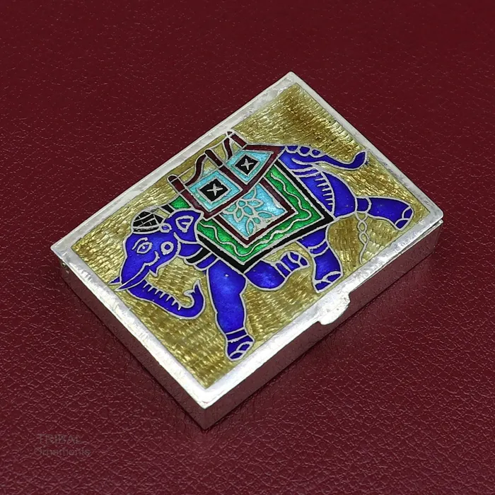 TRIBAL ORNAMENTS 925 Sterling silver handmade trinket box solid container box casket box sindoor box enamel elephant work customized gifting box stb335 Rings