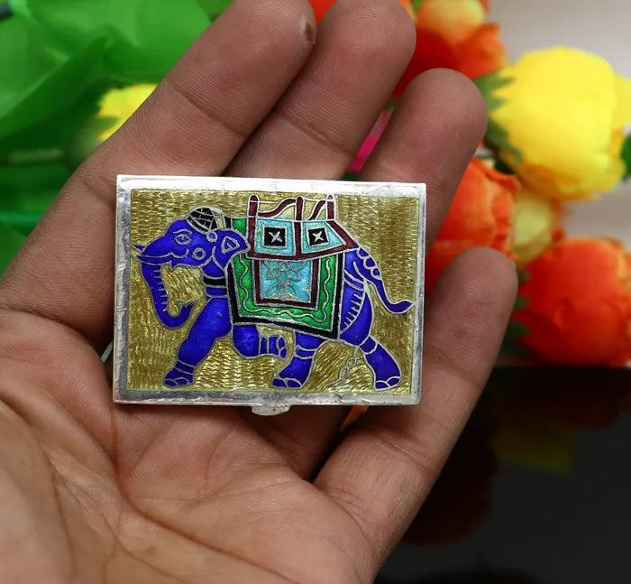 TRIBAL ORNAMENTS 925 Sterling silver handmade trinket box solid container box casket box sindoor box enamel elephant work customized gifting box stb335 Rings