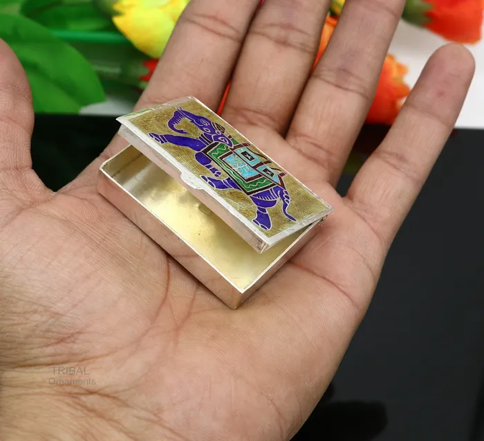 TRIBAL ORNAMENTS 925 Sterling silver handmade trinket box solid container box casket box sindoor box enamel elephant work customized gifting box stb335 Rings