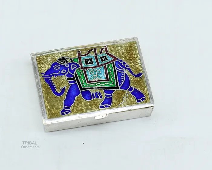 TRIBAL ORNAMENTS 925 Sterling silver handmade trinket box solid container box casket box sindoor box enamel elephant work customized gifting box stb335 Rings
