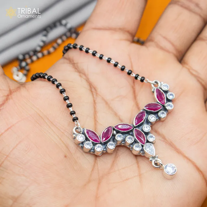 TRIBAL ORNAMENTS Necklaces 925 sterling silver black beads and red cut stone mangal sutra necklace brides Mangalsutra chunky necklace ms82