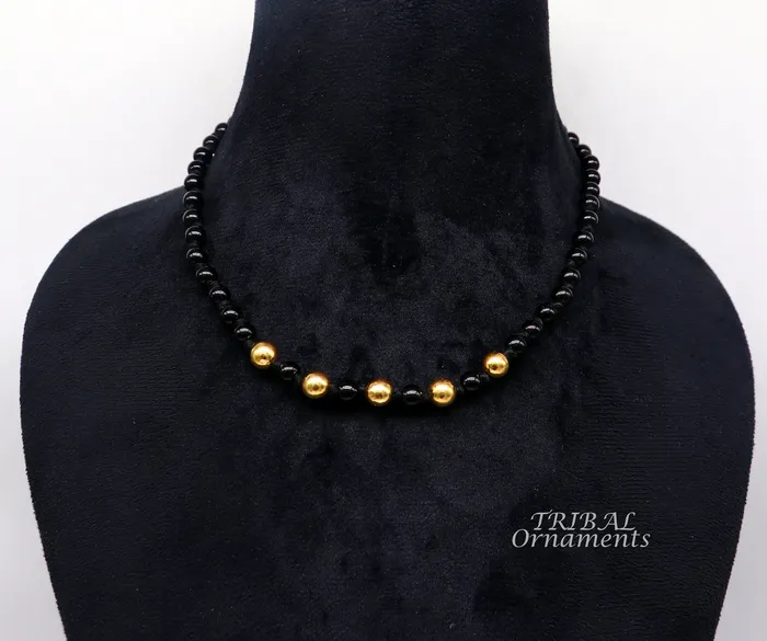TribalOrnaments Necklaces 22kt yellow gold handmade wax beads and black beaded adjustable necklace amazing single line choker for brides or girls set91