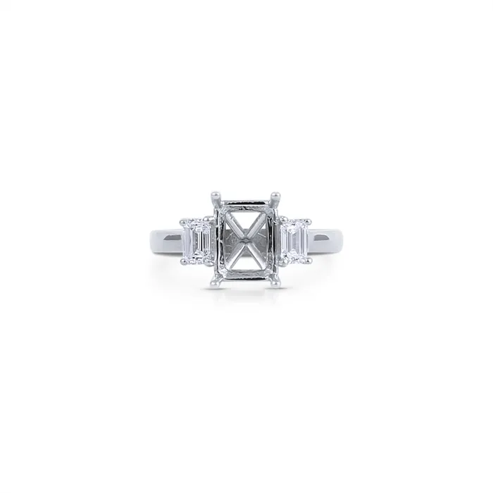 14K White Gold Three Stone Ring with Emerald Diamond Sides Engagement Collections Rings