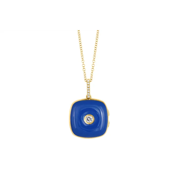 14K Yellow Gold and Blue Enamel Diamond Cushion Shaped Locket Necklace Meierotto Jewelers Necklaces 14K Yellow Gold and Blue Enamel Diamond Cushion Shaped Locket Necklace Meierotto Jewelers Necklaces
