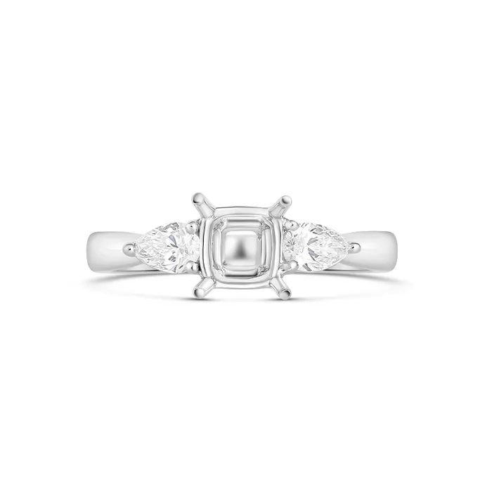18K White Gold Three Stone Cushion Semi Mount Ring with Pear Diamond Sides Engagement Collections Rings 18K White Gold Three Stone Cushion Semi Mount Ring with Pear Diamond Sides Engagement Collections Rings