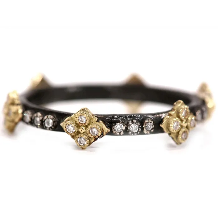Armenta Rings Armenta Old World Blackened Sterling Silver 18K Yellow Gold Diamond Stack Ring with Cravelli Crosses