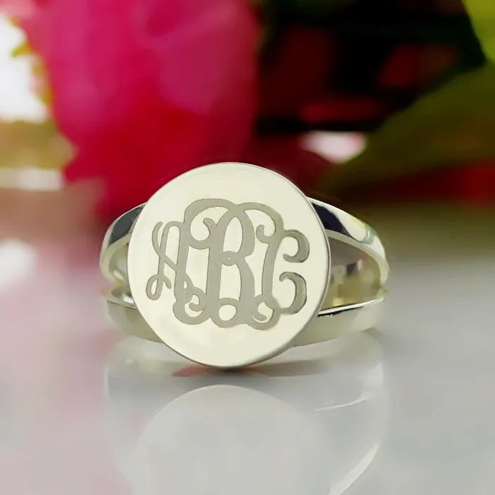 Belbren Rings Personalized Silver Monogram Ring with SemiSplit Shank Custom Initials Engraved Elegant 925 Sterling Silver Jewelry
