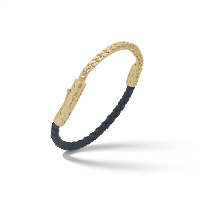 Bracelets Marco Dal Maso Marco Dal Maso Lash Recycled Sterling Silver with 18K Yellow Gold Vermeil and Woven Blue Leather Bracelet