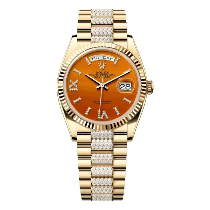 Bracelets Rolex Day Date 36mm Ref 1282380089 Carnelian Orange Roman Diamond Dial Fluted Bezel 18K Yellow Gold Diamonds President Bracelet Watch Rolex Bracelets Rolex Day Date 36mm Ref 1282380089 Carnelian Orange Roman Diamond Dial Fluted Bezel 18K Yellow Gold Diamonds President Bracelet Watch Rolex