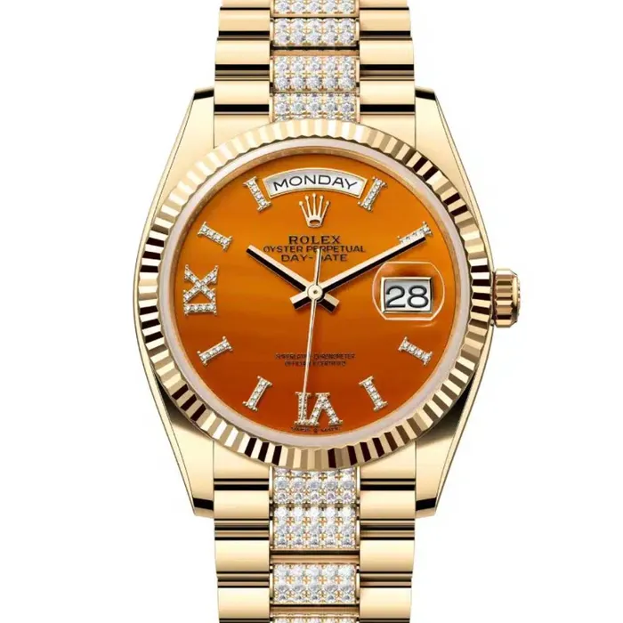 Bracelets Rolex Day Date 36mm Ref 1282380089 Carnelian Orange Roman Diamond Dial Fluted Bezel 18K Yellow Gold Diamonds President Bracelet Watch Rolex